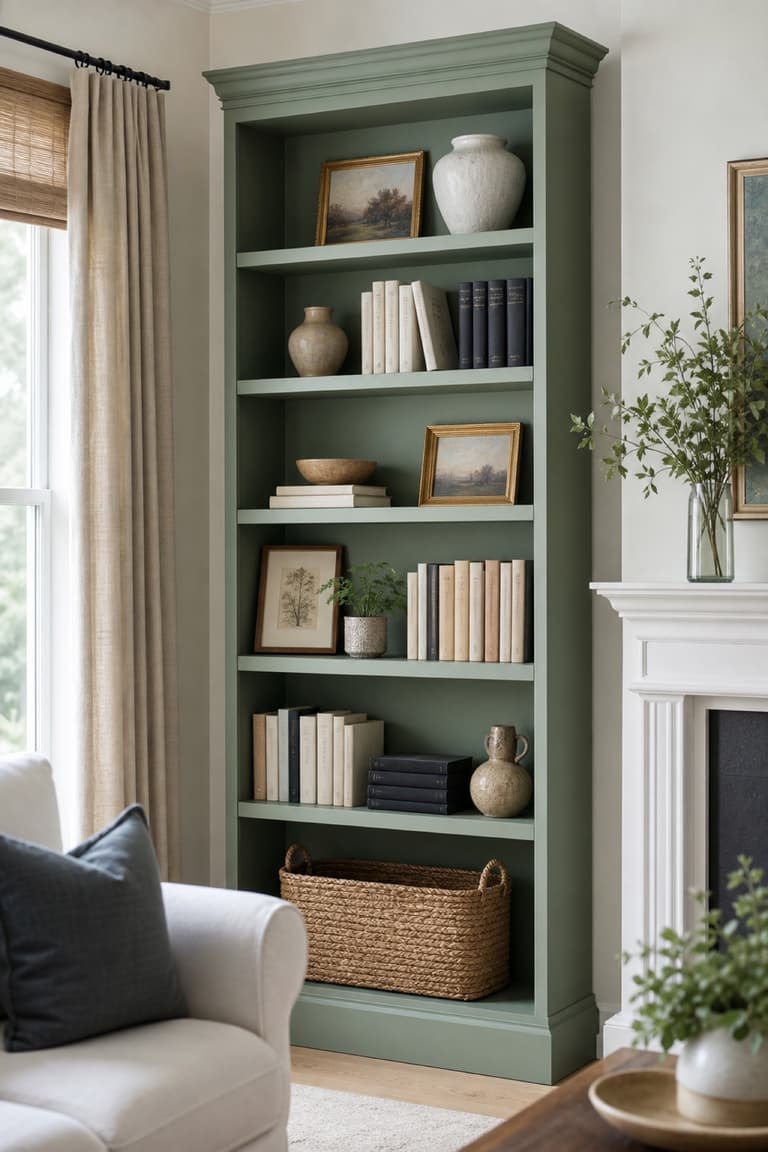 Bibliothèque inspirée de BILLY peinte en vert sauge avec moulures hautes, plinthe et objets décoratifs dans un salon lumineux