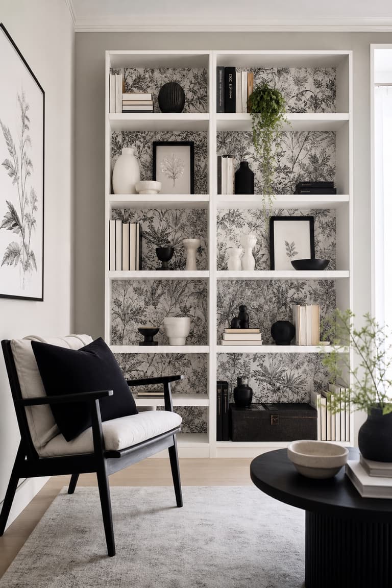 Bibliothèque inspirée de BILLY avec papier peint botanique noir et blanc au fond des niches, livres et objets graphiques