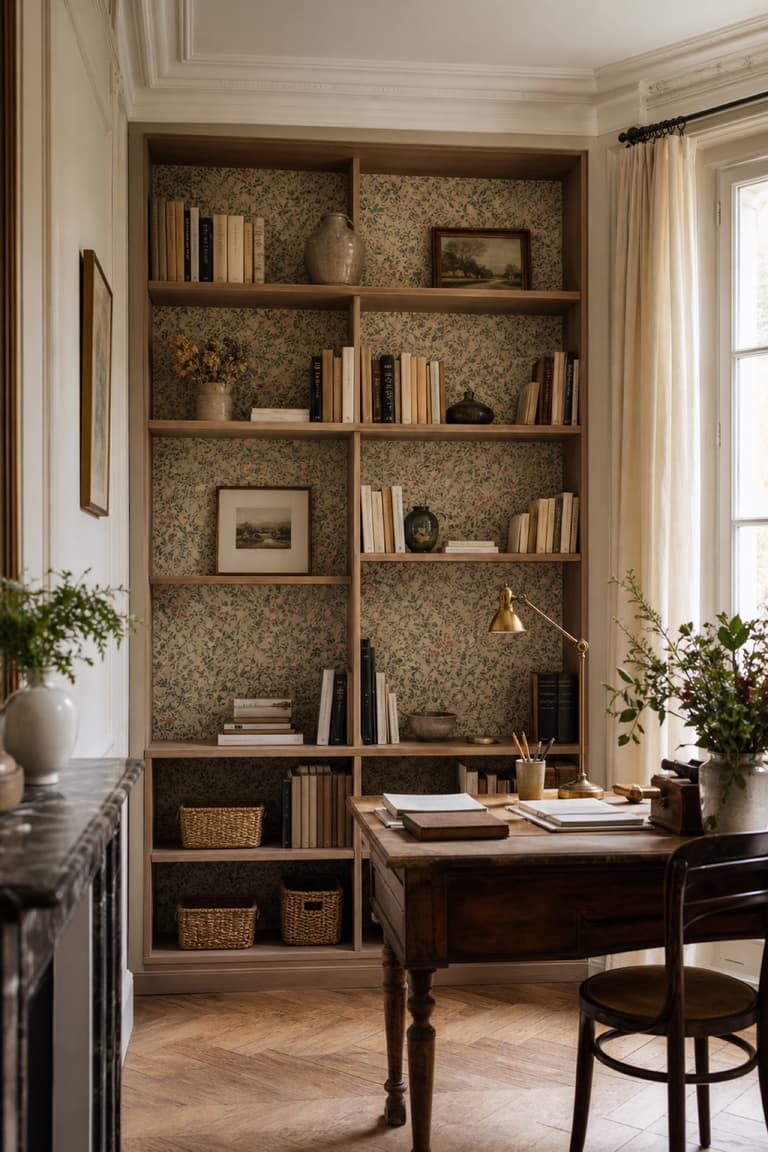 Bibliothèque inspirée de BILLY avec un fond en papier peint botanique dans un bureau