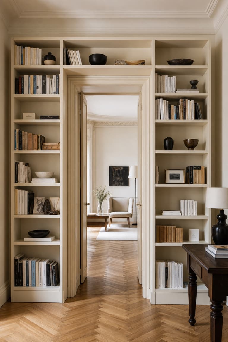 Bibliothèques inspirées de BILLY installées autour d’une porte et peintes dans une teinte crème