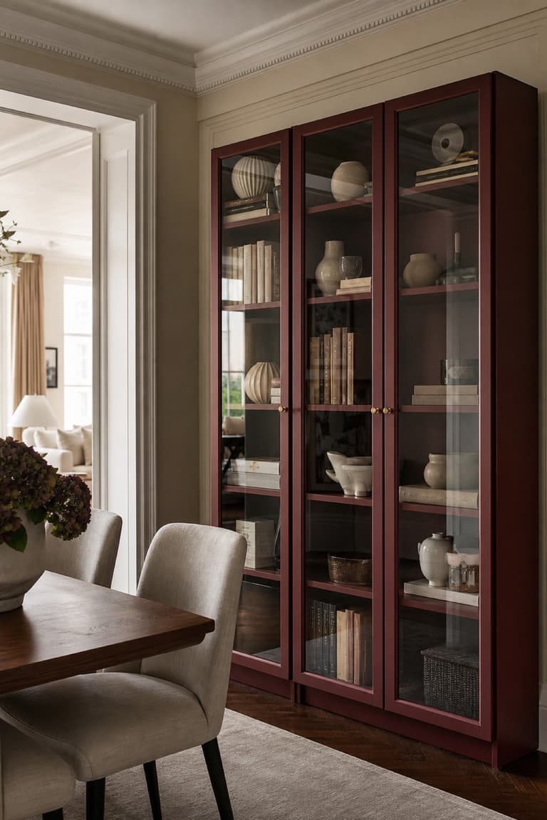 Bibliothèque inspirée de BILLY avec portes vitrées peintes en rouge bordeaux et boutons en laiton