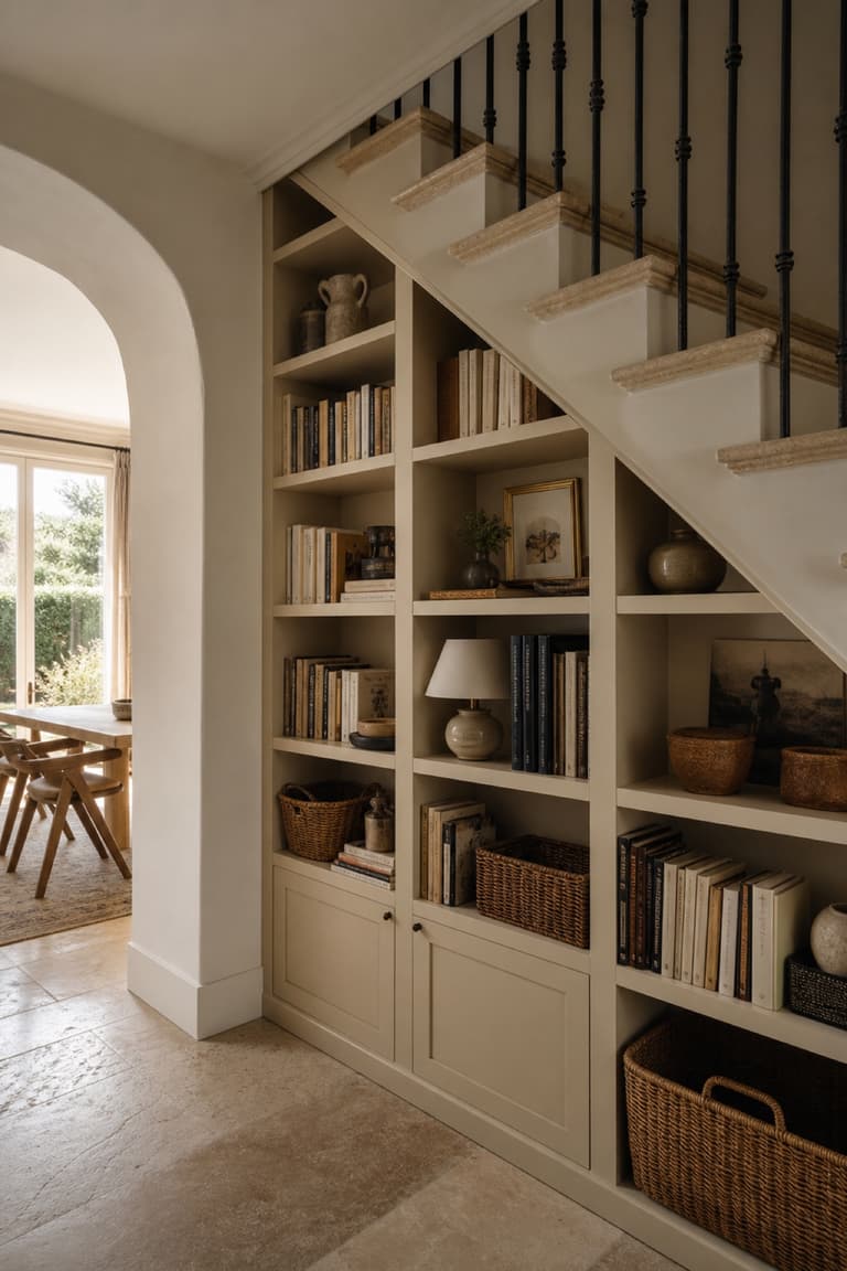 Bibliothèque inspirée de BILLY aménagée sous un escalier avec paniers, livres et rangements bas fermés