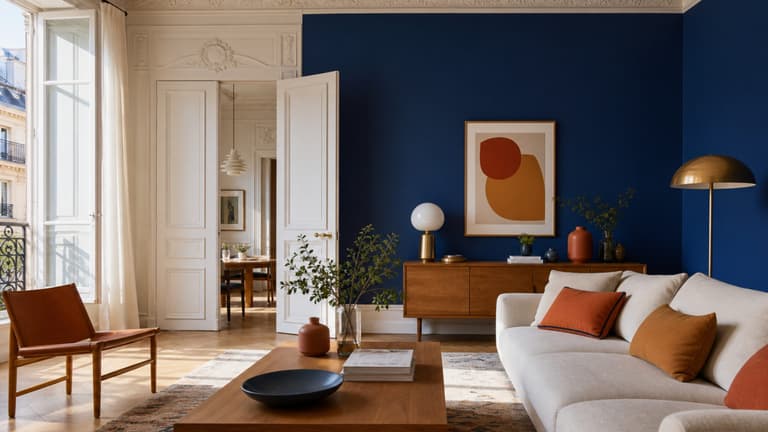 Salon parisien lumineux avec un mur bleu outremer, un canapé écru, du bois et des touches terracotta