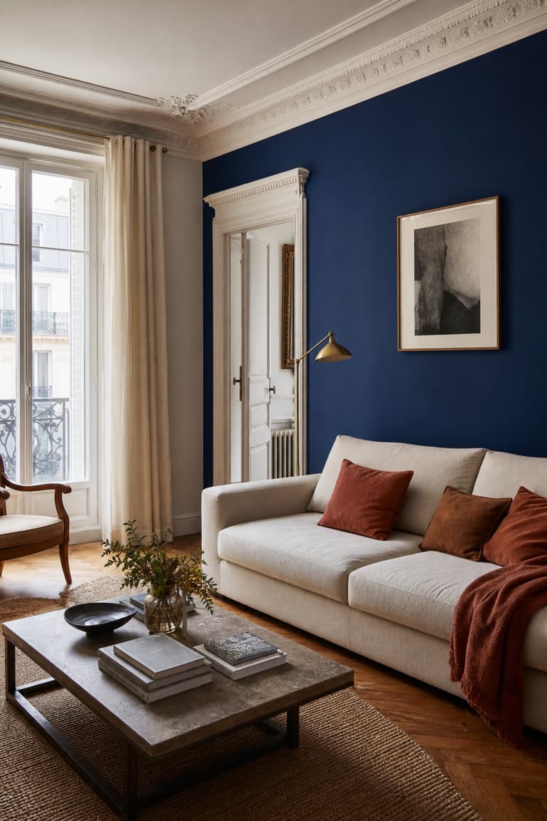 Salon parisien avec un mur bleu outremer, un canapé écru, du bois clair et des coussins terracotta