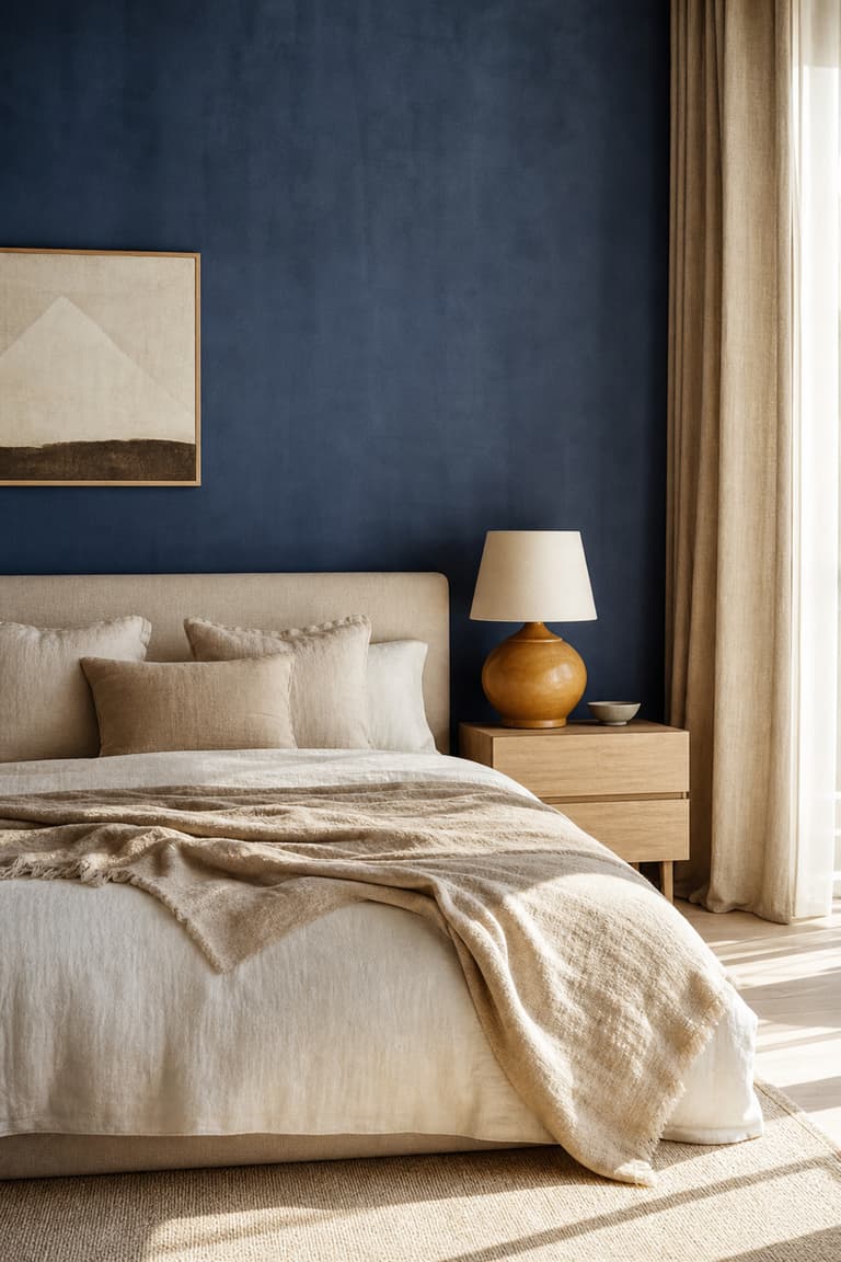 Chambre apaisante avec un mur bleu outremer derrière le lit, du linge écru et une lampe ocre