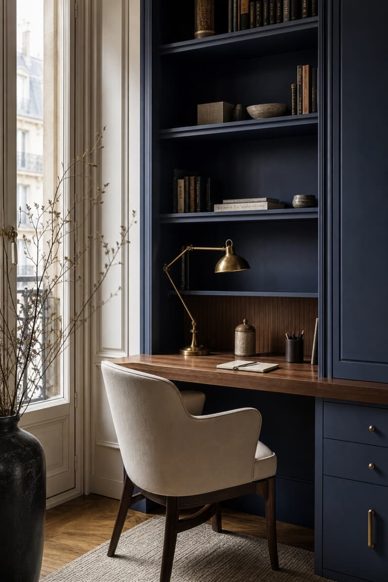 Bureau compact avec une bibliothèque bleu outremer, un bureau en noyer et une lampe en laiton