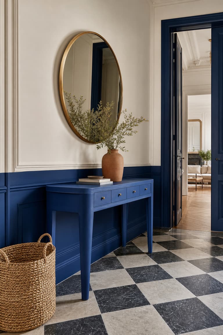 Entrée parisienne avec une console bleu outremer, un soubassement coloré et un miroir rond en laiton