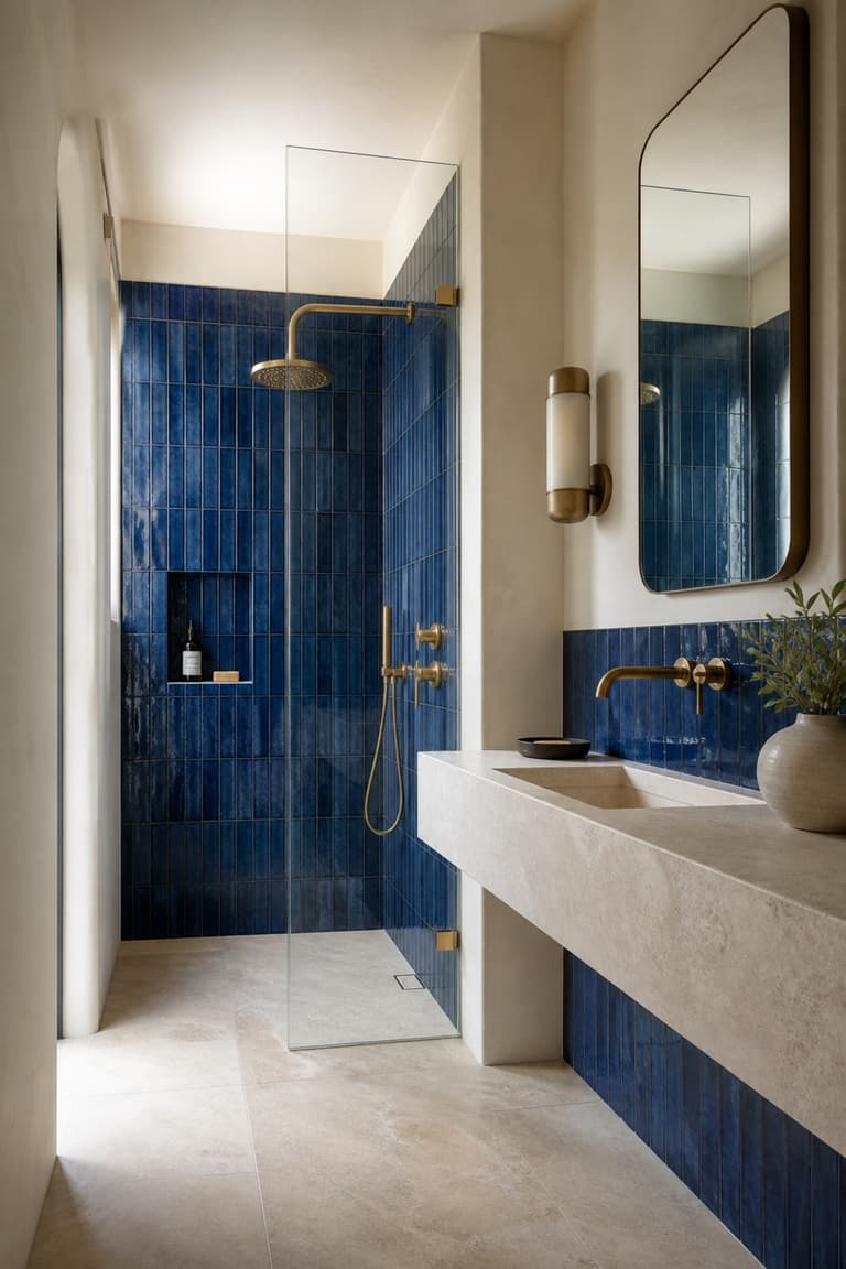 Salle de bains avec des carreaux bleu outremer, une vasque claire et une robinetterie en laiton