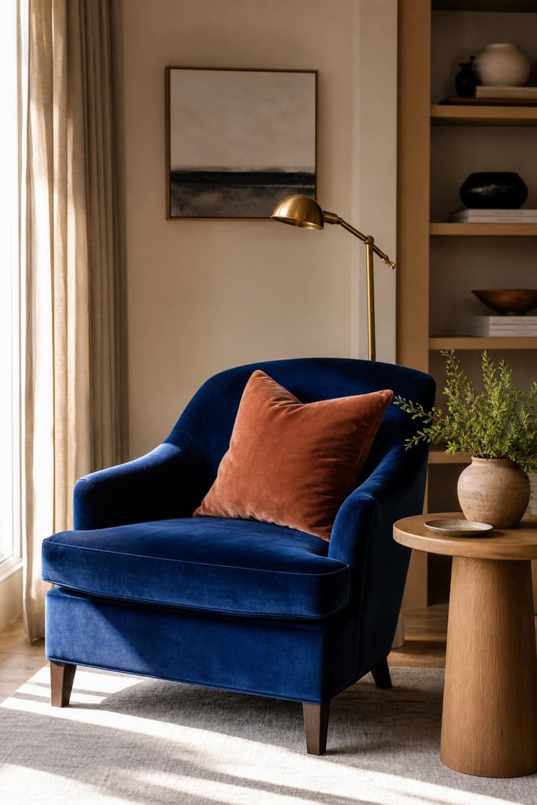 Fauteuil en velours bleu outremer avec coussin terracotta, table en chêne et lampe en laiton
