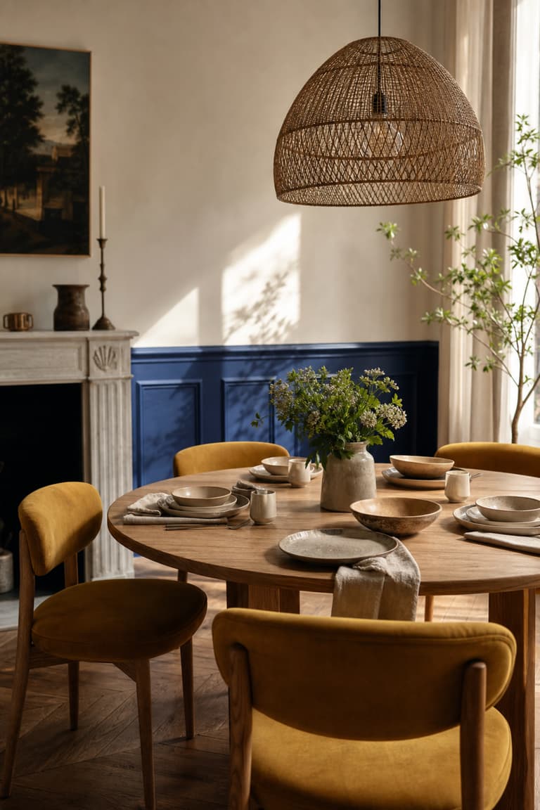 Salle à manger avec un soubassement bleu outremer, une table en chêne et des chaises jaune moutarde