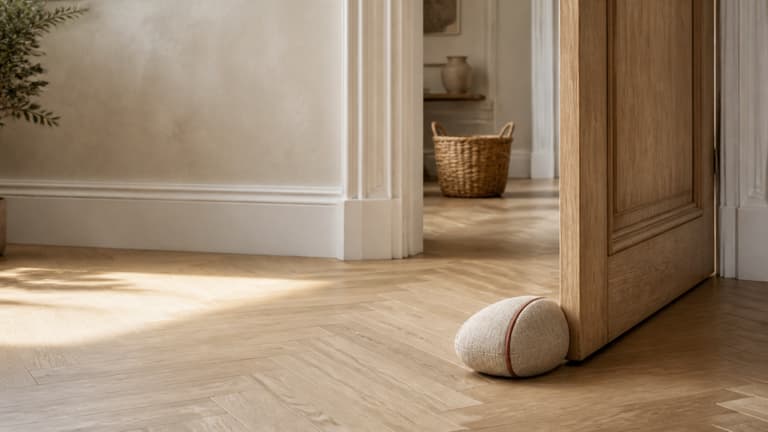 Cale-porte en lin naturel dans une entrée parisienne avec moulures et porte en bois