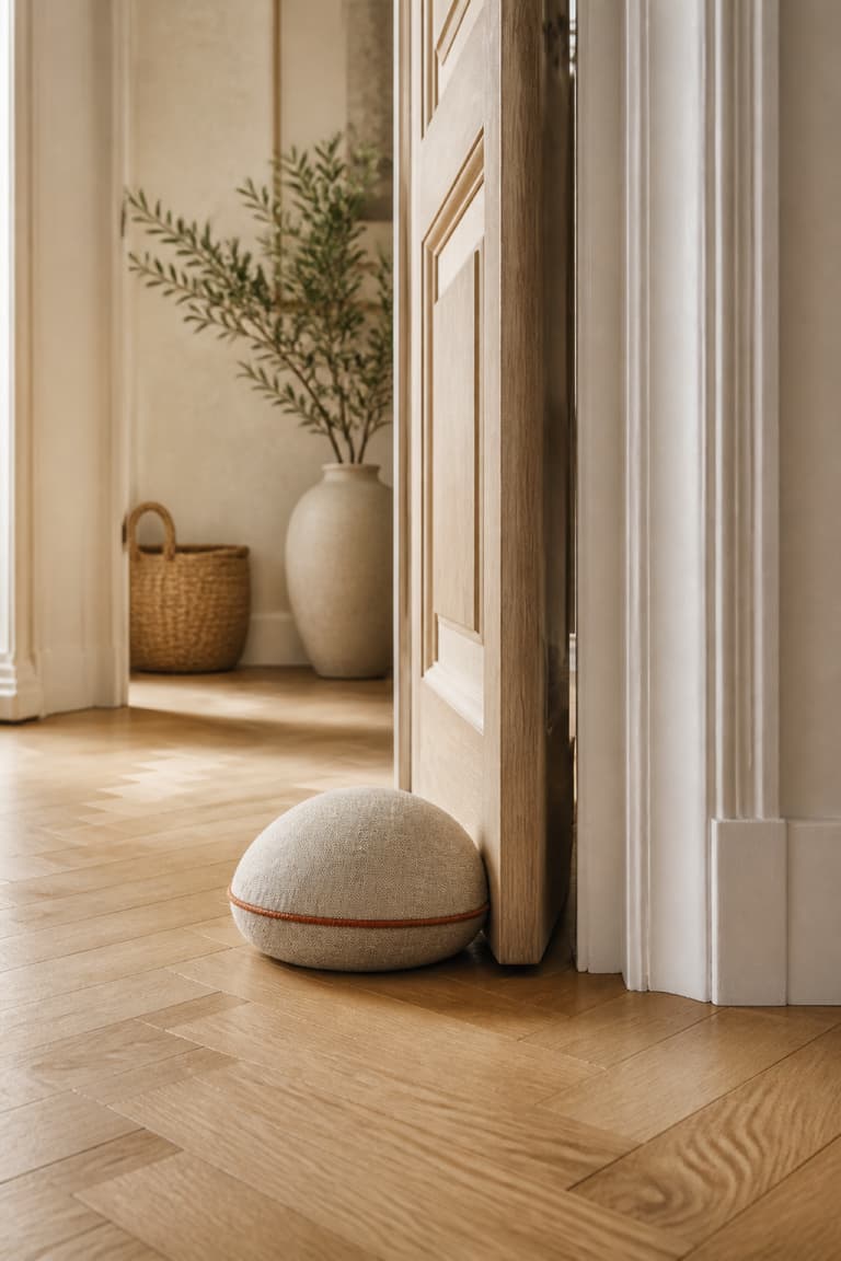 Cale-porte en lin naturel posé devant une porte dans une entrée parisienne lumineuse