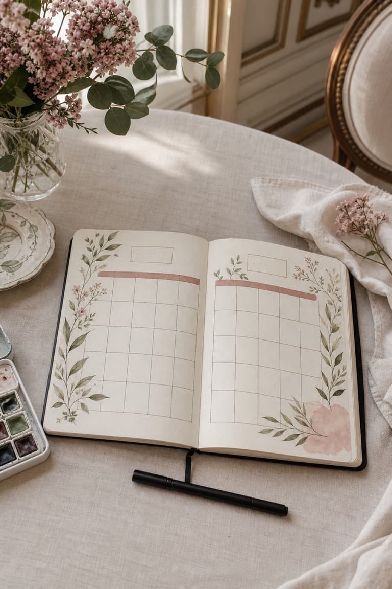 Double page de Bullet Journal avec une grille mensuelle encadrée de feuillages et de fleurs dans des tons rose poudré et vert olive
