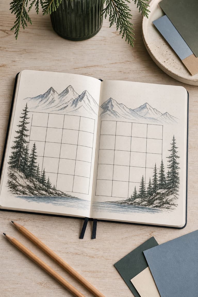 Double page de Bullet Journal avec une grille mensuelle illustrée de montagnes et de sapins dans des tons bleu gris et vert forêt