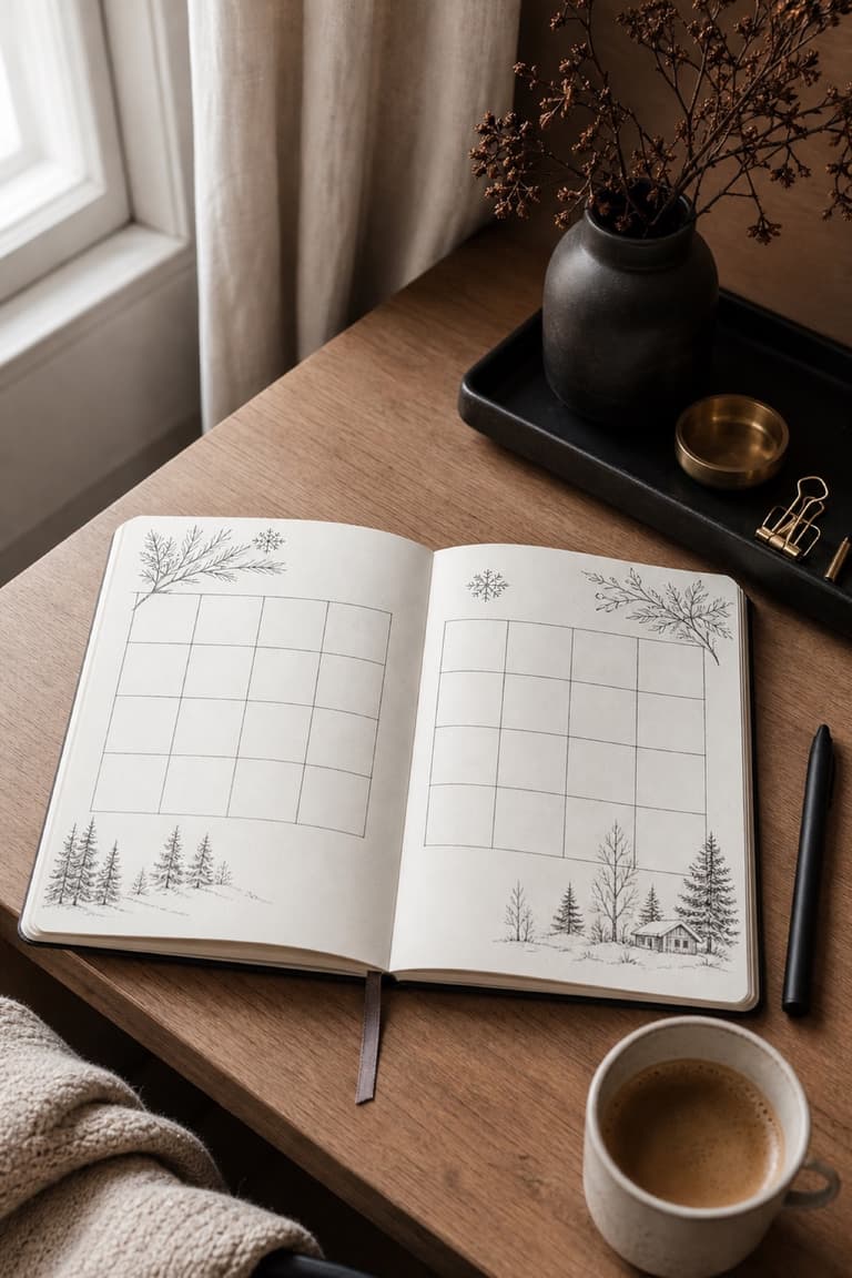 Double page de Bullet Journal en noir et blanc avec une grille mensuelle et des dessins de branches et de sapins