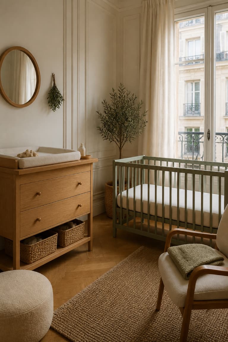 Chambre de bébé lumineuse avec lit à barreaux, commode en bois et paniers de rangement