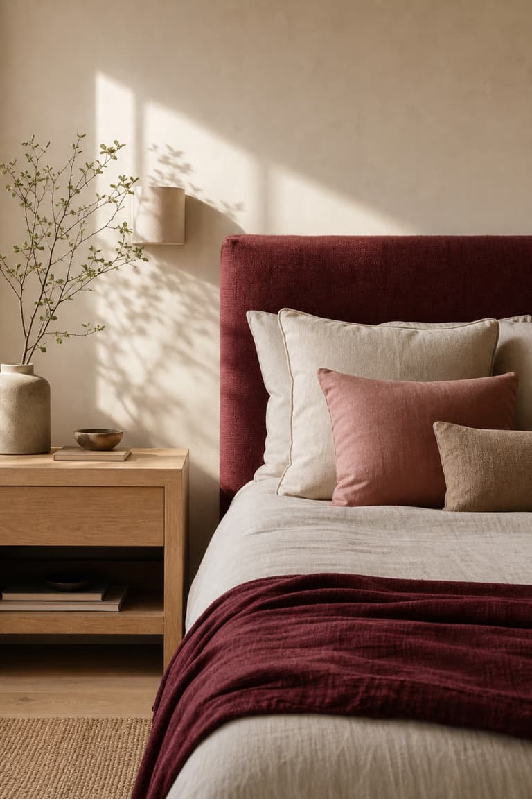 Chambre lumineuse avec tête de lit en textile couleur lie-de-vin, linge de lit écru, coussin rose poudré et bois clair