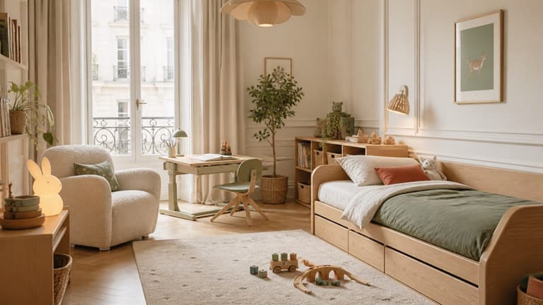 Chambre d’enfant design avec bureau réglable, rangements accessibles et coin lecture