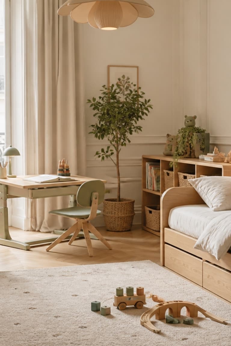 Chambre d’enfant contemporaine avec bureau en bois, rangements accessibles, fauteuil de lecture et lampe douce dans des tons crème, vert sauge et terracotta.