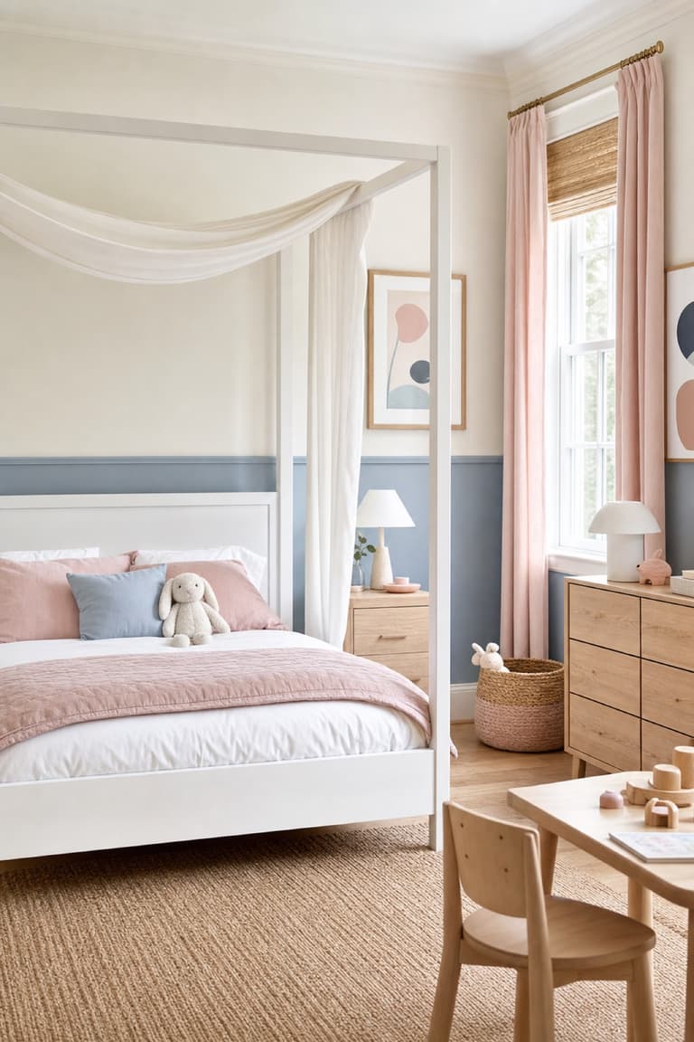 Chambre d’enfant avec lit blanc, mur bleu pastel, textiles rose poudré et meubles en bois clair