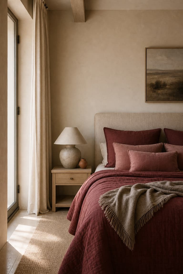 Chambre avec linge de lit marsala, tête de lit en lin et mobilier en bois clair