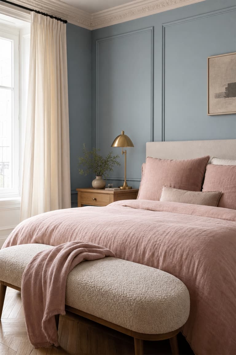Chambre adulte avec mur bleu pastel, linge de lit rose poudré et mobilier en bois clair