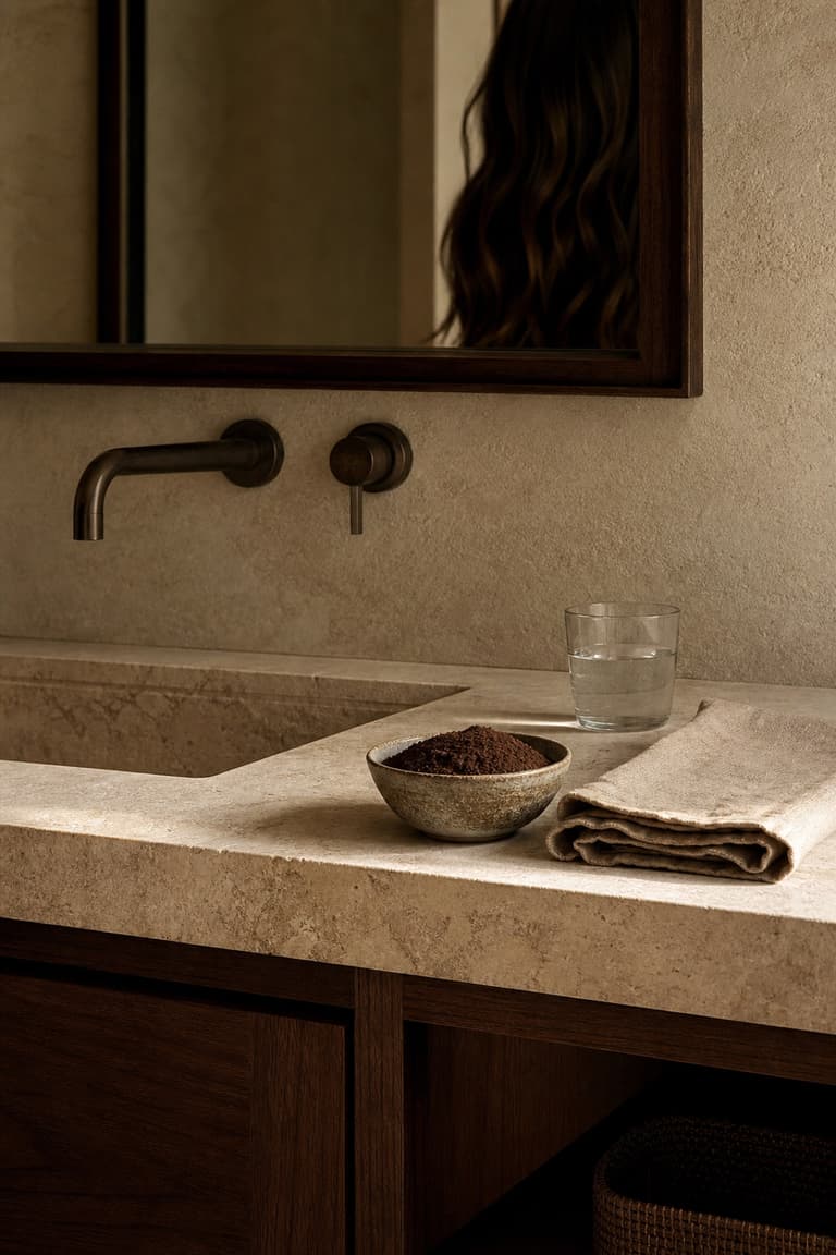 Salle de bain en pierre avec coupelle de marc de café et reflet abstrait de cheveux bruns
