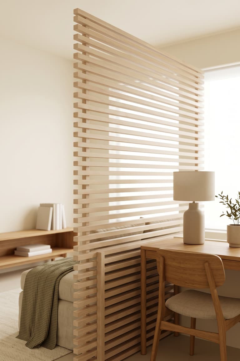 Cloison ajourée réalisée avec une tête de lit IKEA MANDAL pour séparer deux espaces