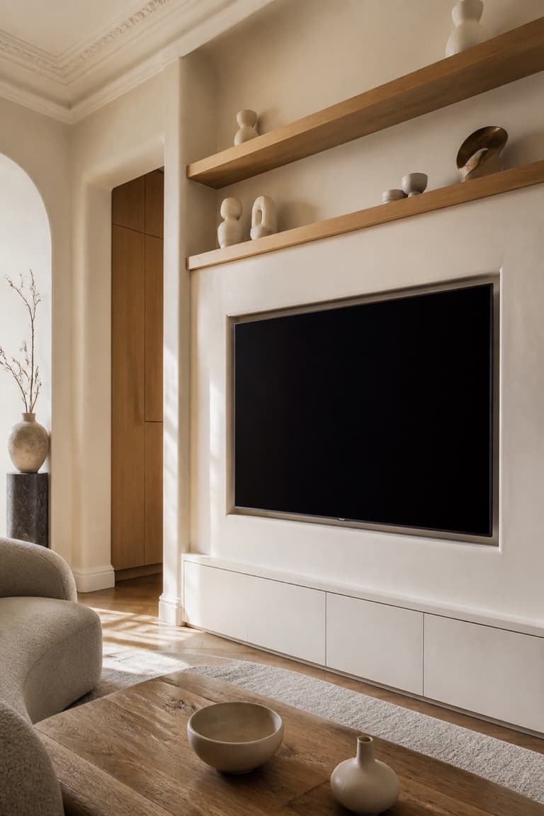 Télévision intégrée dans un coffrage en bois clair au cœur d’un petit salon contemporain