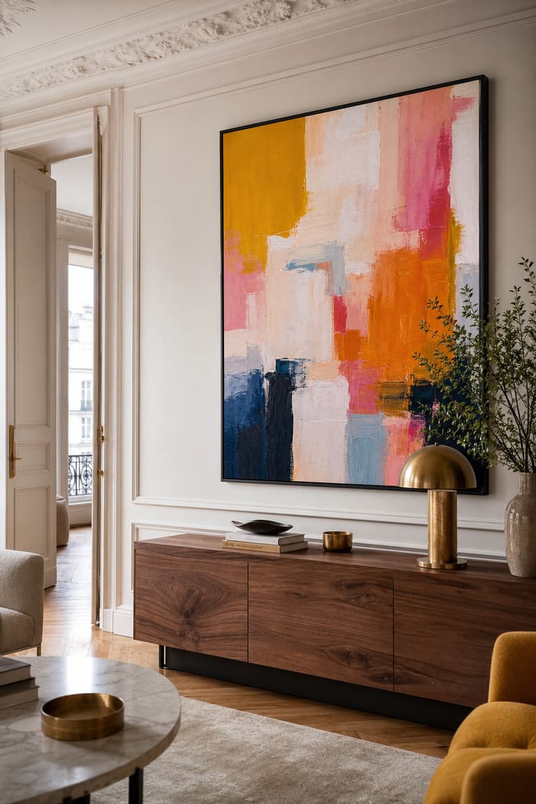 Toile colorée dans un cadre noir fin assorti aux matières et aux couleurs du salon