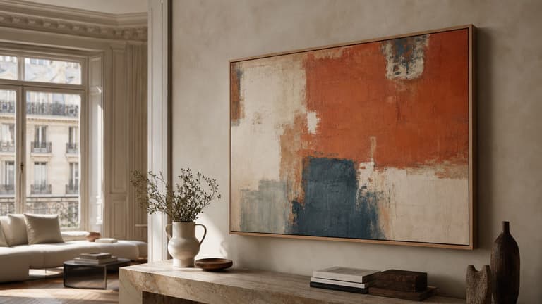 Toile abstraite encadrée dans une caisse en bois dans un intérieur parisien lumineux