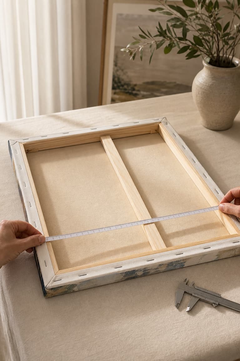 Dos d’une toile sur châssis mesuré avec un mètre et une règle sur une table protégée