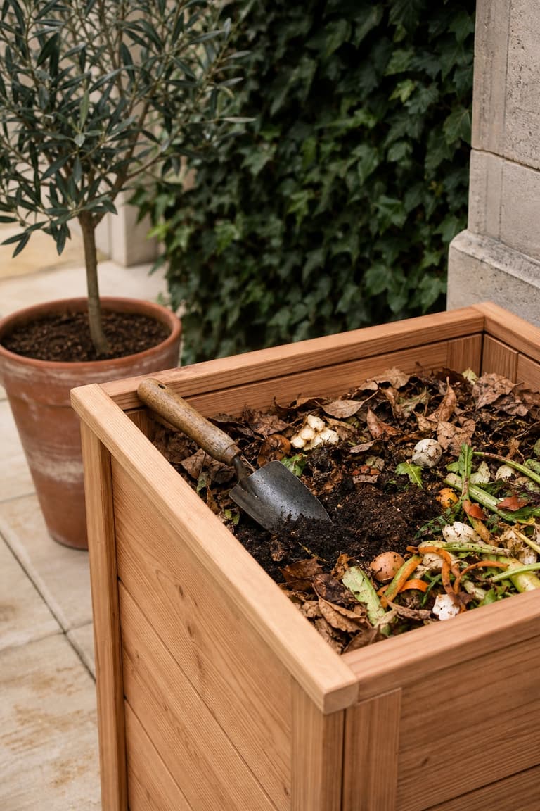 Truelle posée dans un composteur en bois rempli de feuilles, de déchets végétaux et de marc de café