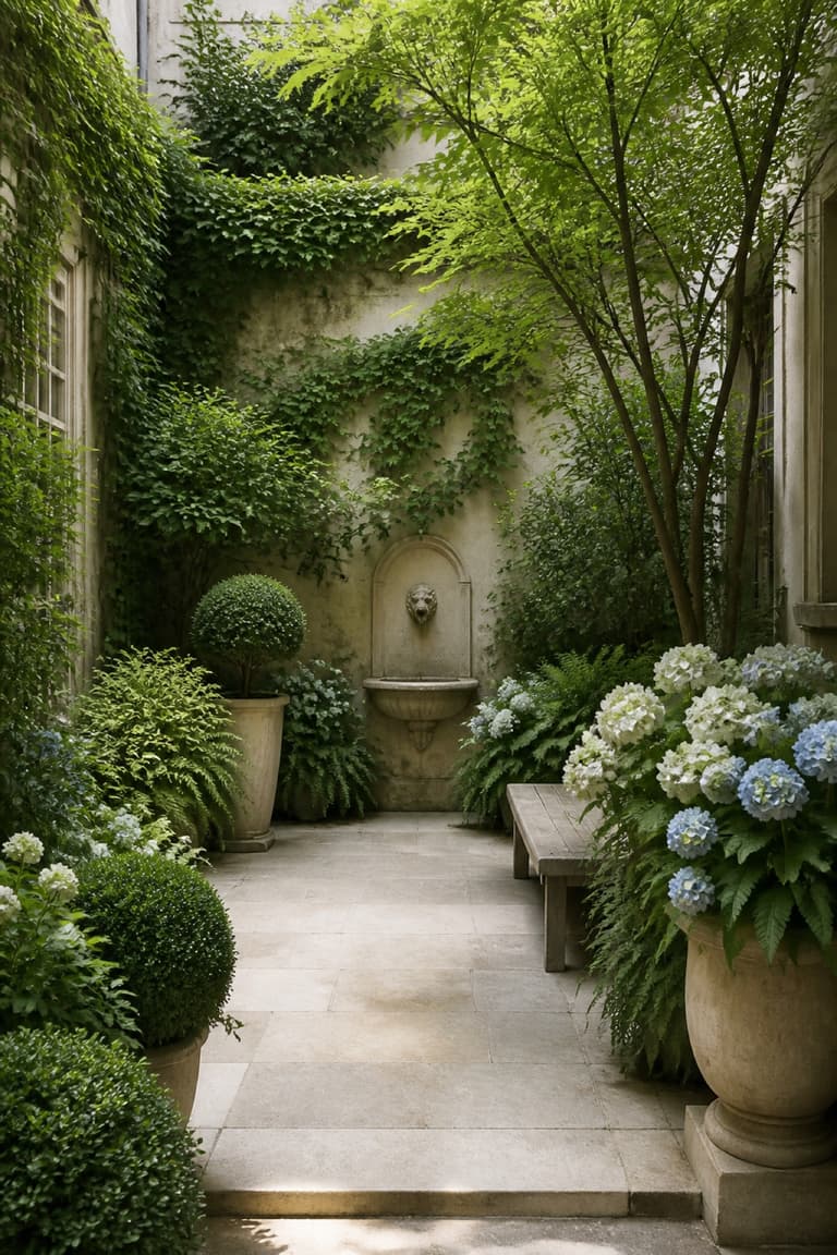 Cour intérieure de ville entourée de plantes et d’arbustes