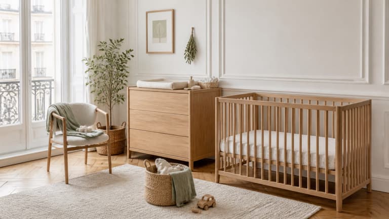Chambre de bébé lumineuse avec lit à barreaux, commode en bois et paniers de rangement