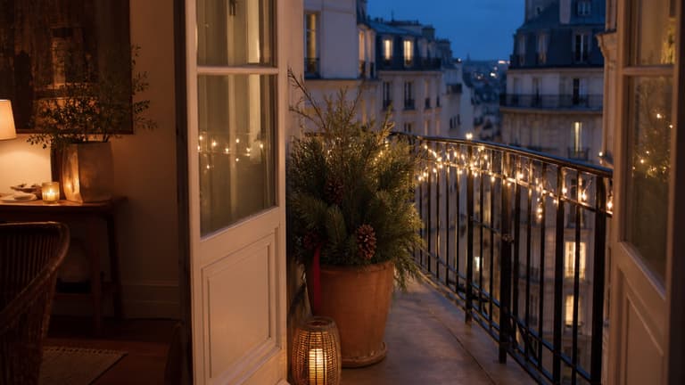 Petit balcon parisien décoré pour Noël avec guirlande blanc chaud, pot de sapin, lanterne et vue sur les toits