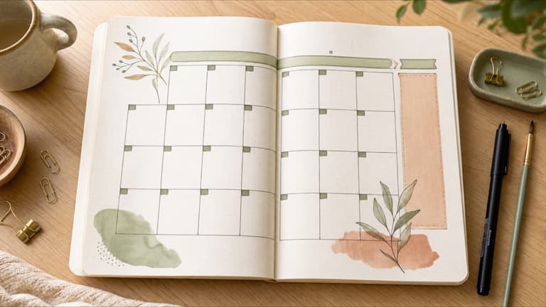 Carnet ouvert présentant une grille de calendrier Bullet Journal aux tons sauge et terracotta sur un bureau en bois clair