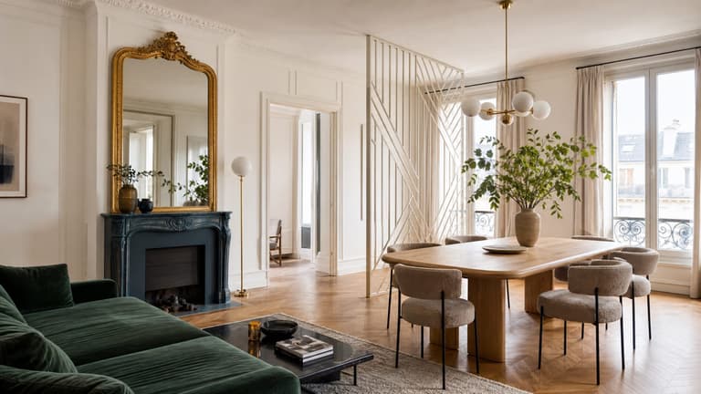 salon et salle à manger d’un appartement élégant à Neuilly avec cheminée bleue, canapé vert et parquet en bois