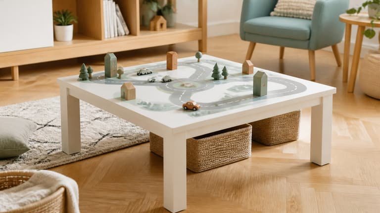 Table Lack blanche transformée en table de jeu dans un salon familial