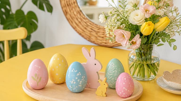 Table de Pâques avec œufs peints pastel, petits lapins en bois, fleurs printanières et plateau en bois clair