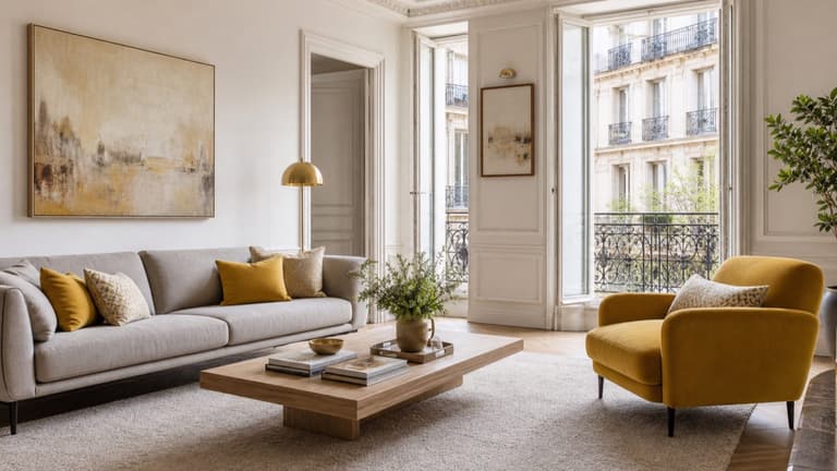 Salon parisien lumineux décoré en gris clair et jaune moutarde, avec canapé, fauteuil, bois naturel et détails en laiton.