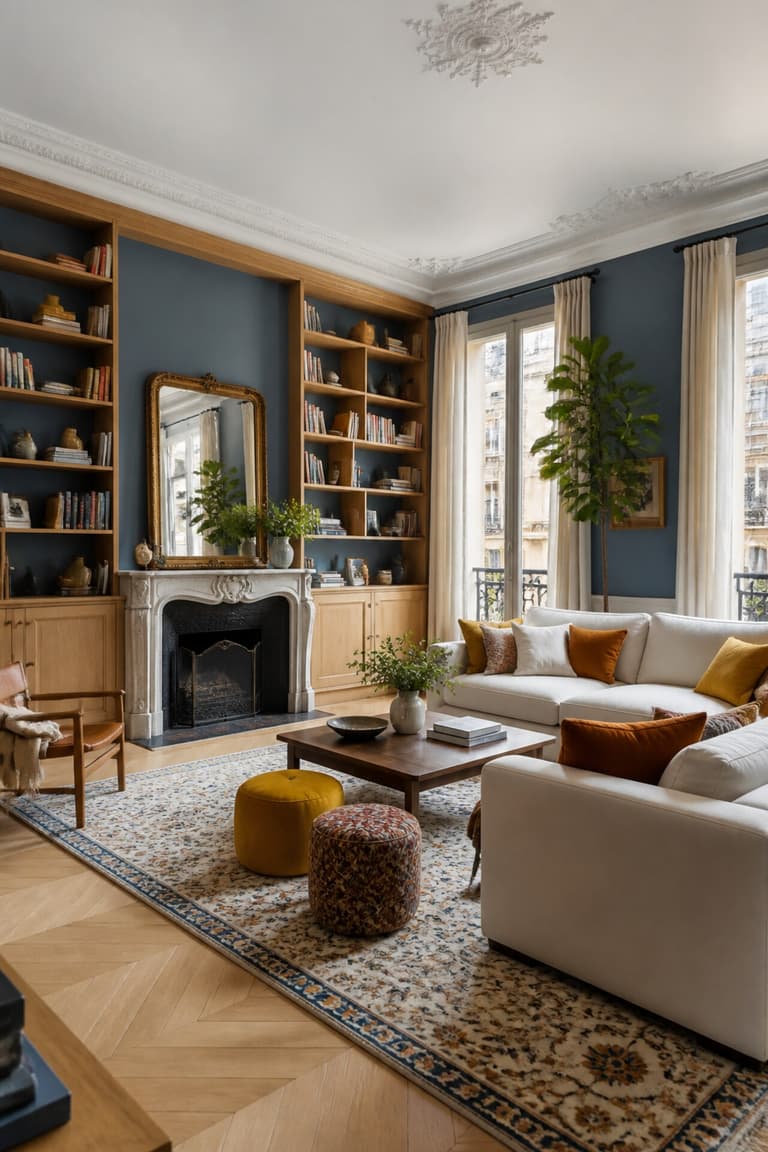 Salon spacieux avec murs bleus, étagères en bois clair, canapé écru, coussins moutarde et tapis graphique