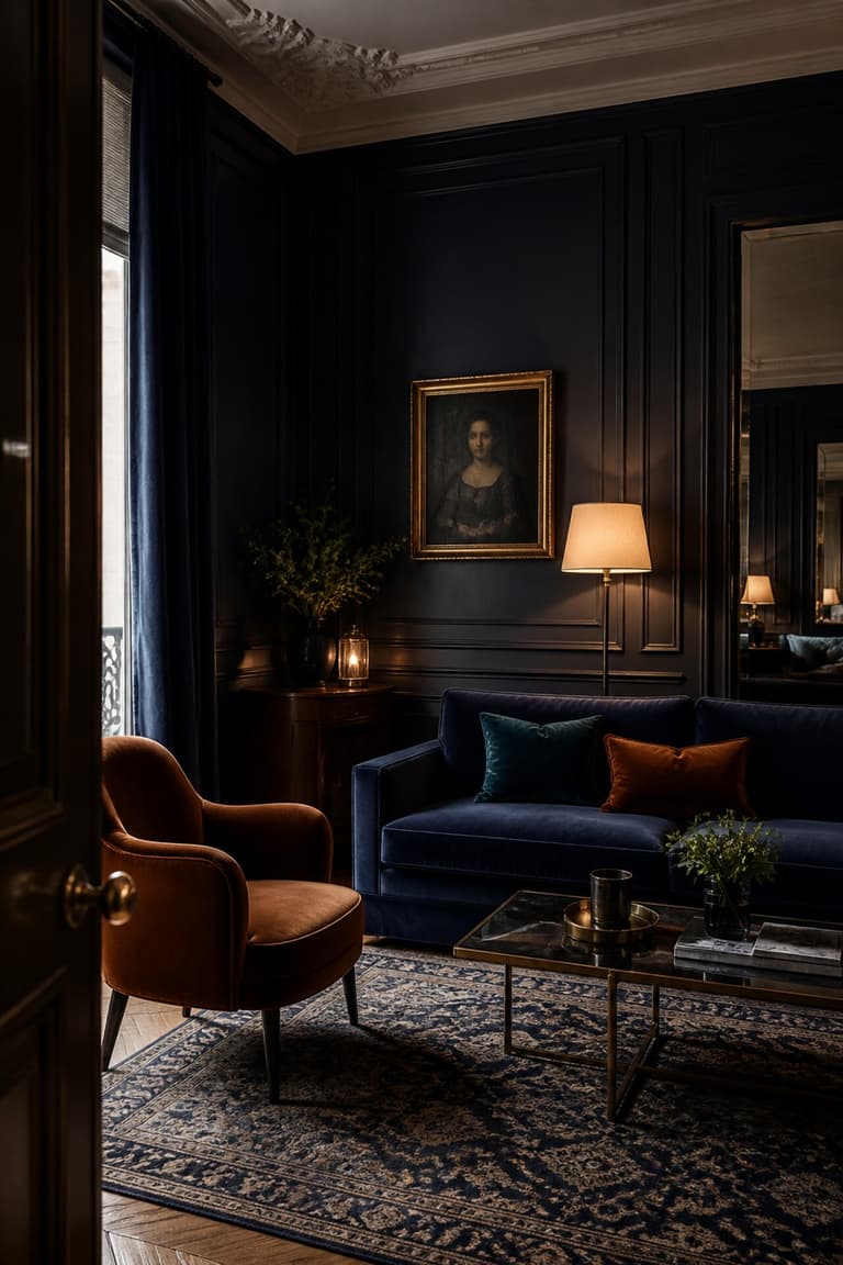 Salon élégant aux murs bleu nuit, canapé bleu, fauteuil camel en velours, tapis graphique et détails laiton