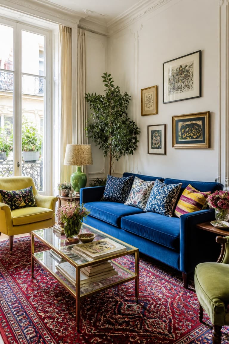 Salon coloré avec canapé bleu, fauteuil jaune, tapis rouge et accessoires aux teintes vives