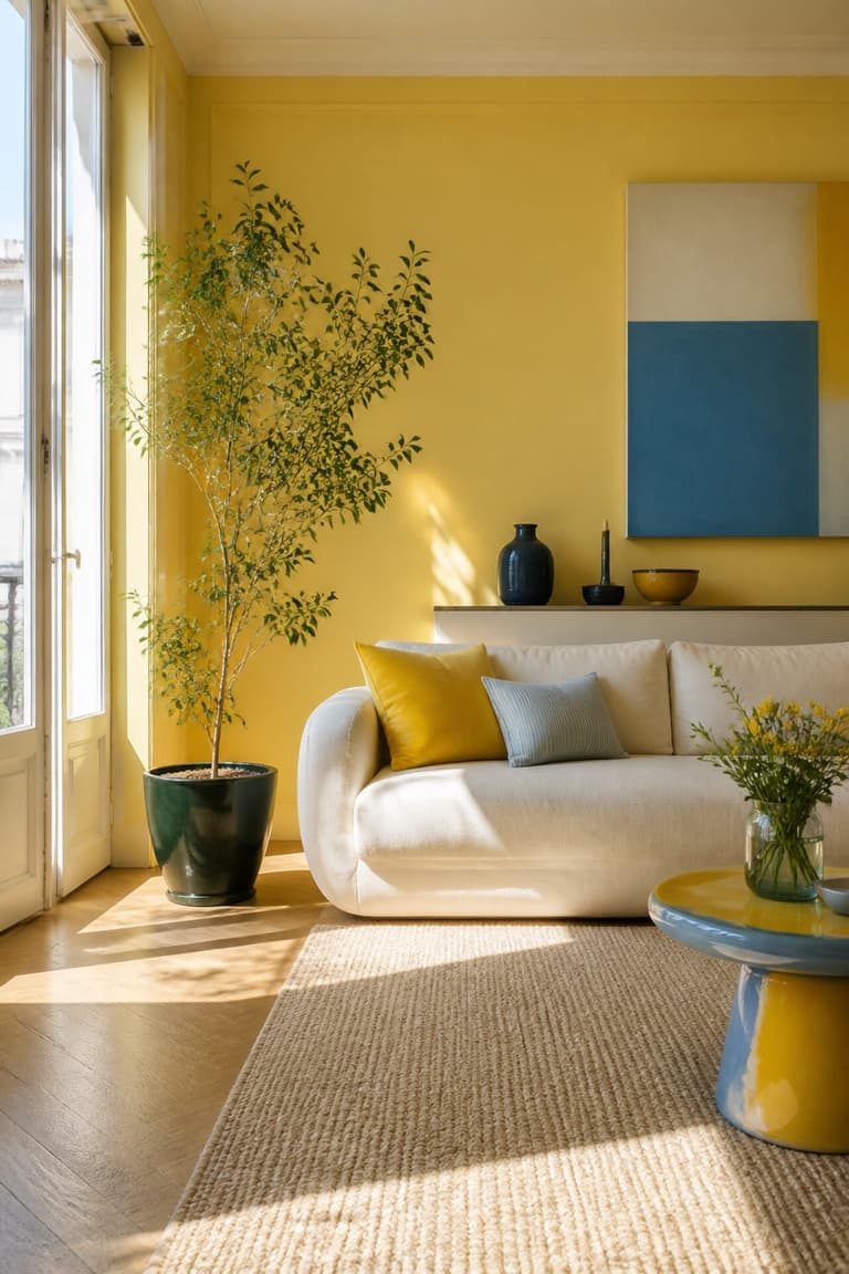 Salon lumineux avec mur jaune citron, canapé écru, plante verte et accessoires bleu doux