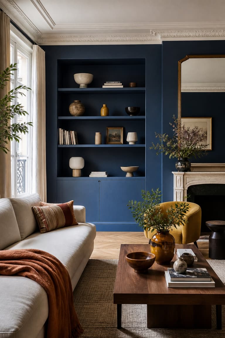Salon coloré avec mur bleu profond, étagères ouvertes, mobilier en noyer et textiles rouille