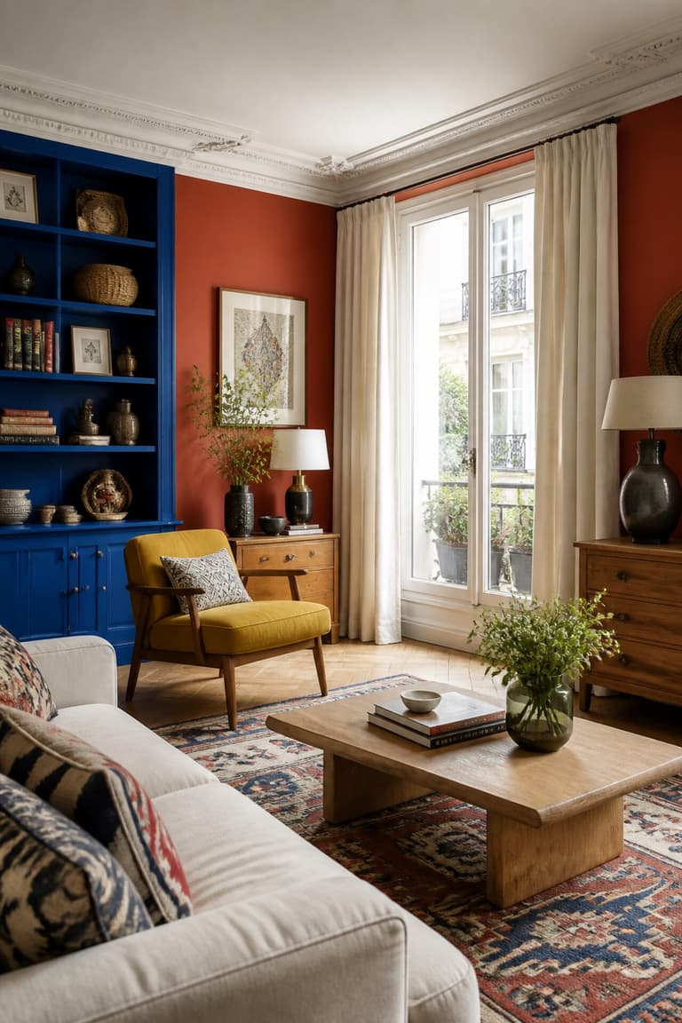 Salon lumineux avec mur terracotta, étagère bleu cobalt, fauteuil jaune et mobilier en chêne