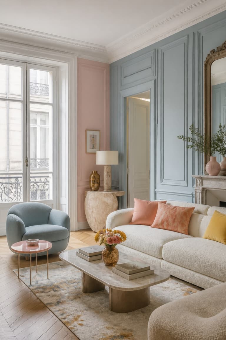 Salon pastel avec murs rose et bleu poudré, canapé écru, fauteuil bleu et parquet en chêne point de Hongrie