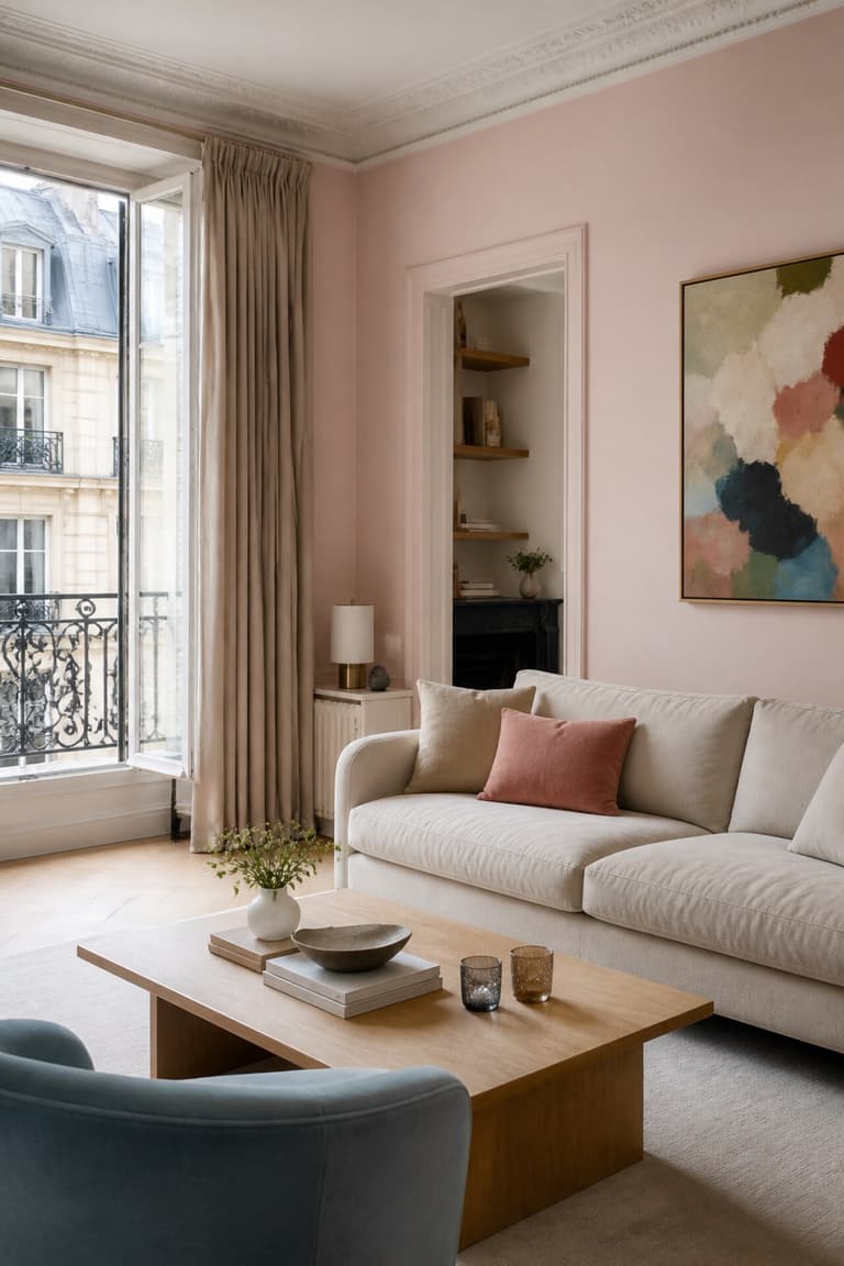 Salon lumineux aux murs rose poudré, canapé beige, fauteuil bleu clair et détails colorés