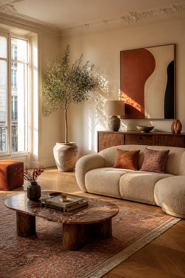 Salon chaleureux mêlant terracotta, beige, bois, textiles tissés et touches de corail